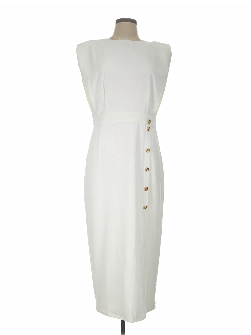 Sleeveless White Midi Dress with Gold Side Buttons